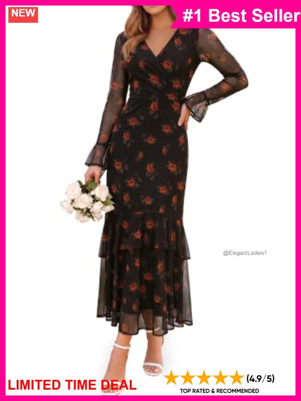 Stretch Mesh Wrap V-Neck Bell Sleeve Mermaid Maxi Dress Floral Party